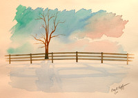 "tree in snow." Original watercolor. Image 14" x 9". Unframed $25.