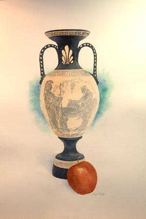 "vase and apple." Original watercolor. Image 9.5" x 17.75". Professionally framed $700.
