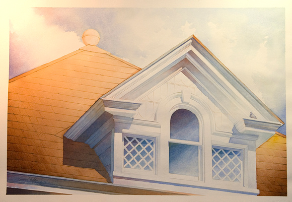 "house with pigeon." Original watercolor. Image 26.25" x 17.75". Professionally framed $1,500.